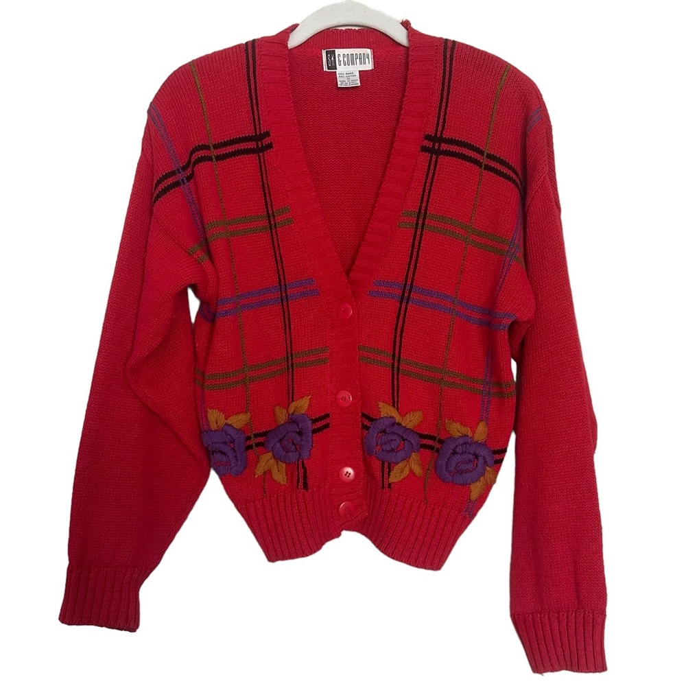 Vintage SK & Company Embroidered Floral Ribbed Cardigan Red Size Small